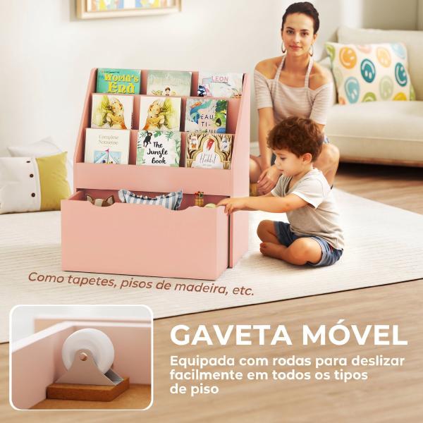 Estante para Livros Infantil de 4 Níveis com 3 Prateleiras e 1 Gaveta com Rodas 62,5x30x70 cm Rosa