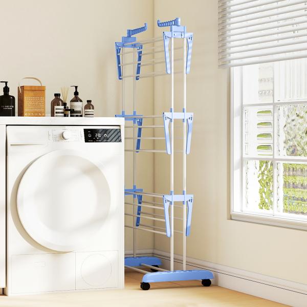 Estendal Dobrável para Roupa com Rodas Estendal Vertical de Aço com 3 Níveis Laterais Dobráveis 73x64x177cm Azul e Branco