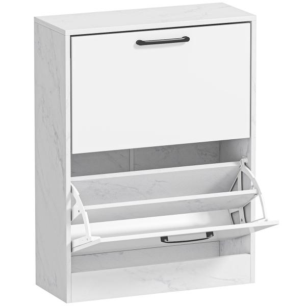 Sapateira Estreita 2 Portas de Alto Brilho com Prateleiras Ajustáveis Design Mármore para 8 Pares de Sapatos 60x24x80 cm Branco