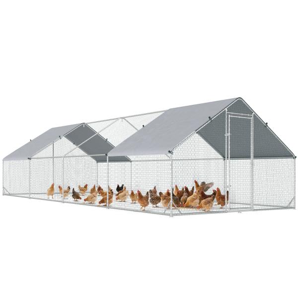 Galinheiro Exterior Grande 24 m² Gaiola para 16 - 24 Galinhas 3x8x2 m Galinheiro de Aço Galvanizado com Cobertura de PE e Porta com Fecho para Patos e Coelhos Prateado