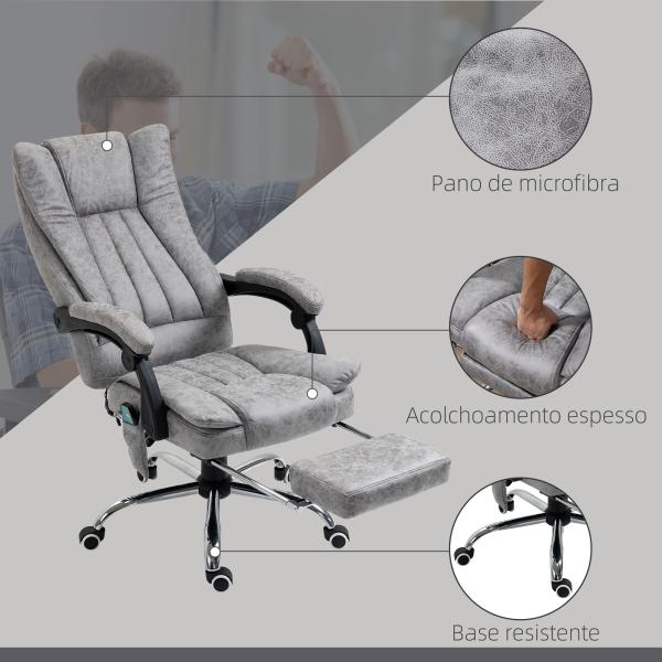 Cadeira de Escritório com 6 Pontos de Massagem Giratória Encosto Reclinável 135º Função de Aquecimento 62x67x113 - 120 cm Cinza