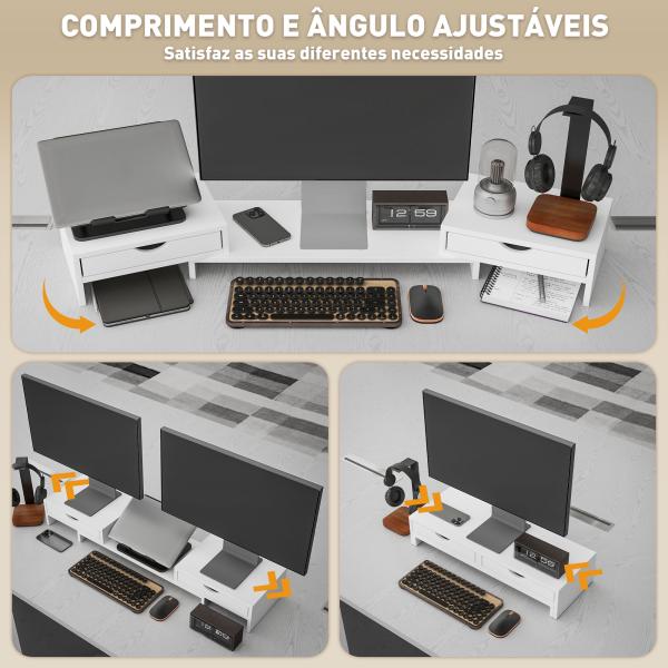 Suporte para Monitor com Ângulo e Comprimento Ajustável e 2 Gavetas para Escritório 60 - 116x22x12 cm Branco