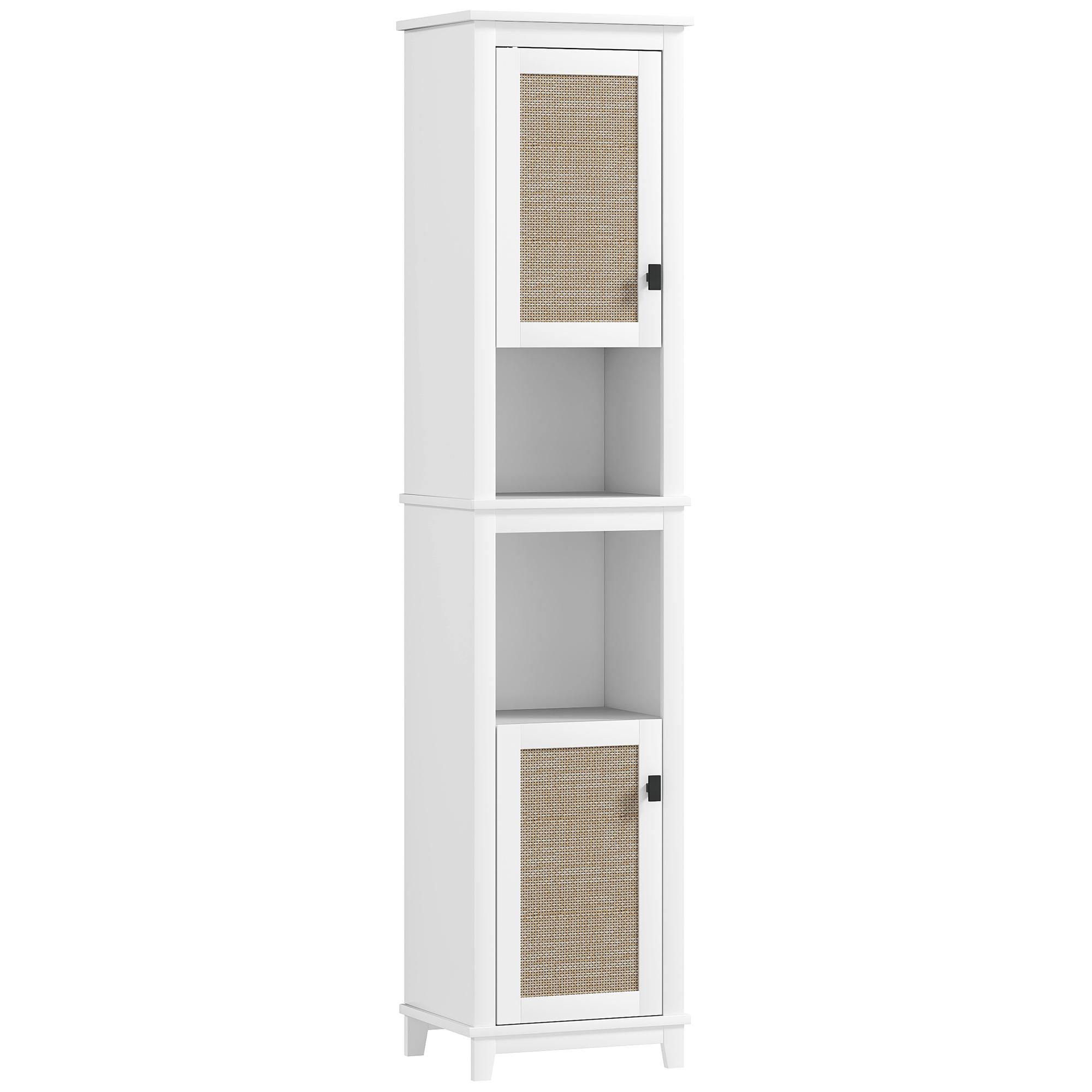 Coluna Casa de Banho com Prateleira Ajustável 2 Portas em Vime e 2 Compartimentos Estilo Boho 40x30x167,5 cm Branco