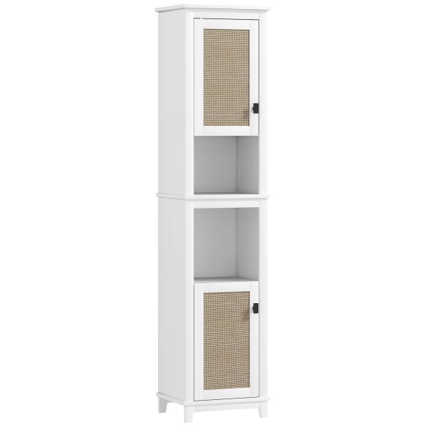 Coluna Casa de Banho com Prateleira Ajustável 2 Portas em Vime e 2 Compartimentos Estilo Boho 40x30x167,5 cm Branco