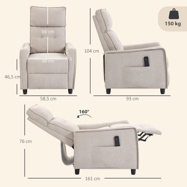 Poltrona de Massagem Reclinável com Apoio para Pés 2 Zonas de Massagem Assento com Molas Bolsos Estofamento em Linho Creme