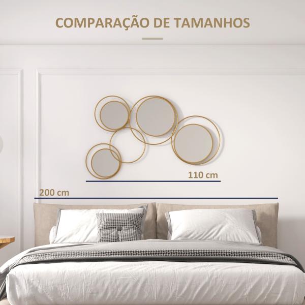 Espelho Decorativo de Parede em Metal 3D Decoração de Parede Metálica com 4 Espelhos Redondos para Corredor 110x68 cm Dourado