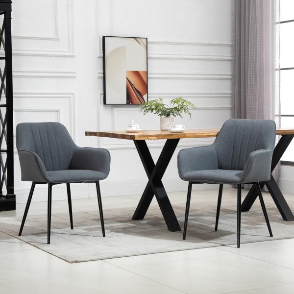 Conjunto de 2 Cadeiras de Sala de Jantar Estofadas em Linho com Encosto e Pés de Metal 59,5x56,5x81 cm Cinza