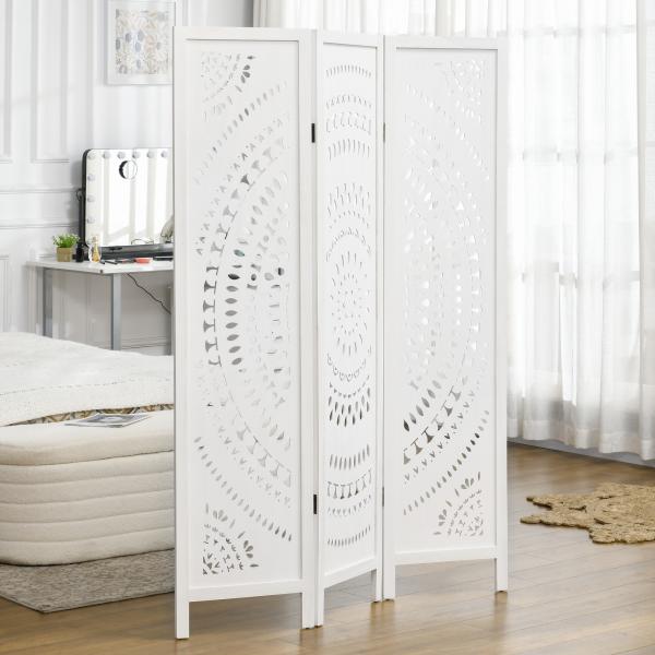 Biombo Dobrável de 3 Painéis de Madeira 120x170 cm Biombo Separador de Ambientes com Padrões Gravados Elegantes Branco