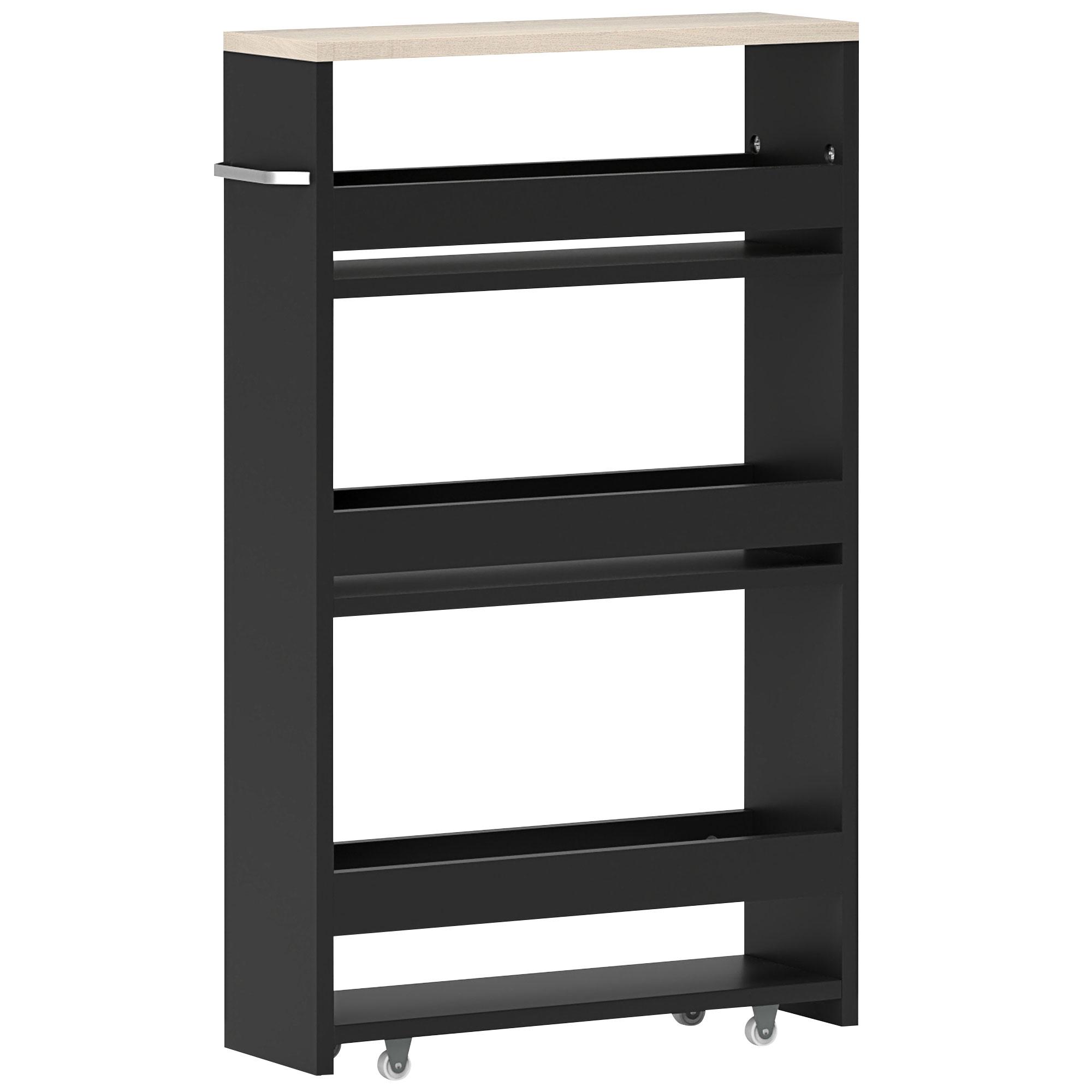 Estante de Armazenamento Casa de Banho de 3 Níveis Estante Estreita com Alça Lateral Estante com Rodas 48x15x80cm Preto