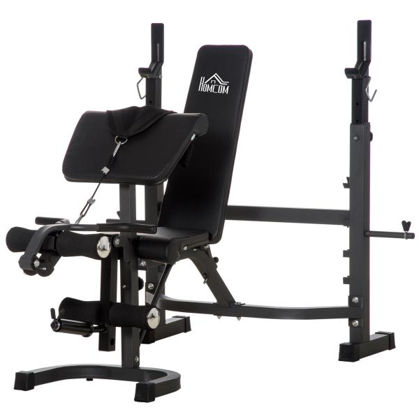 Banco de Musculação Multifuncional Banco de Pesos com Encosto Inclinável e Suporte de Barras com Altura Ajustável para Treinamento do Corpo Completo 187x140x117 - 136cm Preto