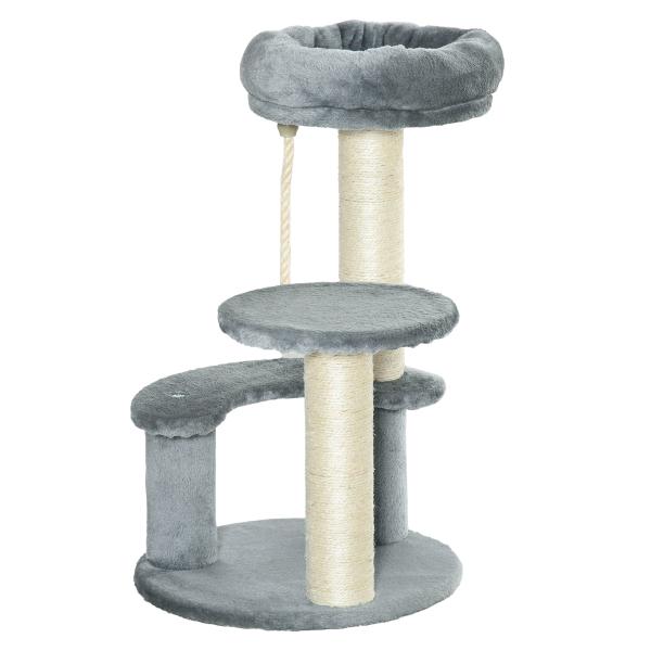Árvore Arranhador para Gatos Ø40x65 cm com Cama Plataformas em Pelúcia Corda Suspensa e Poste com Corda de Sisal Cinza