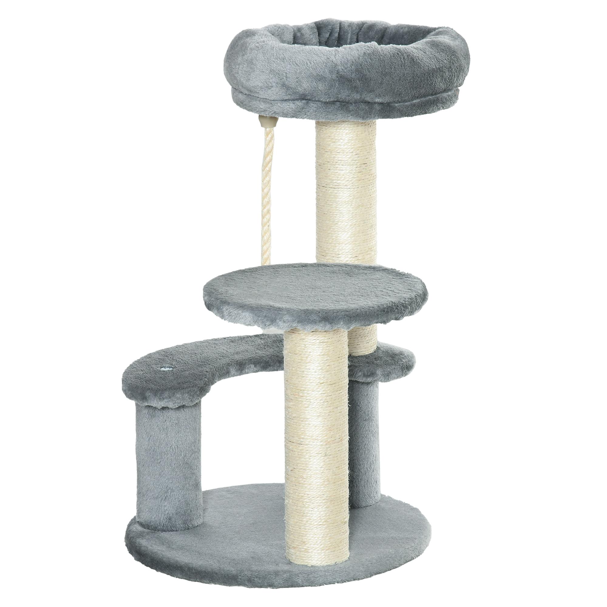 Árvore Arranhador para Gatos Ø40x65 cm com Cama Plataformas em Pelúcia Corda Suspensa e Poste com Corda de Sisal Cinza