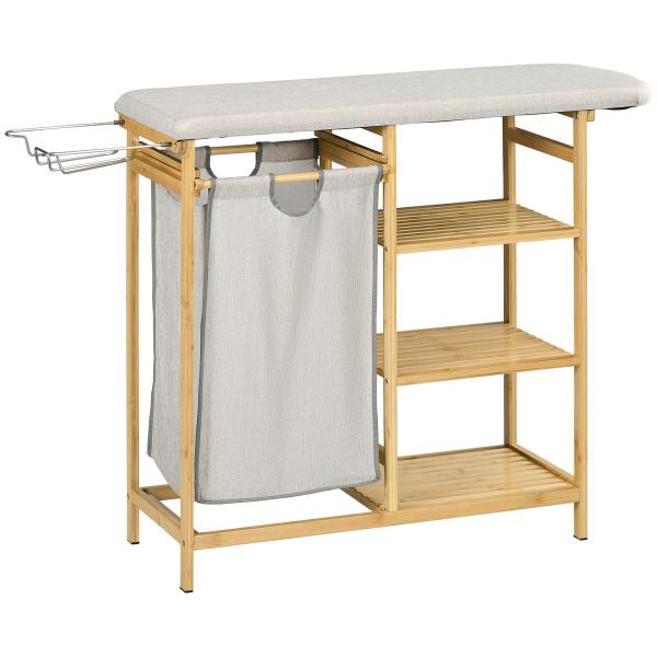 Cesto de Roupa Suja 57,4L com Tábua de Passar Suporte para Ferro 3 Prateleiras e Bolsa Removível 113x34x82 cm Madeira e Cinza