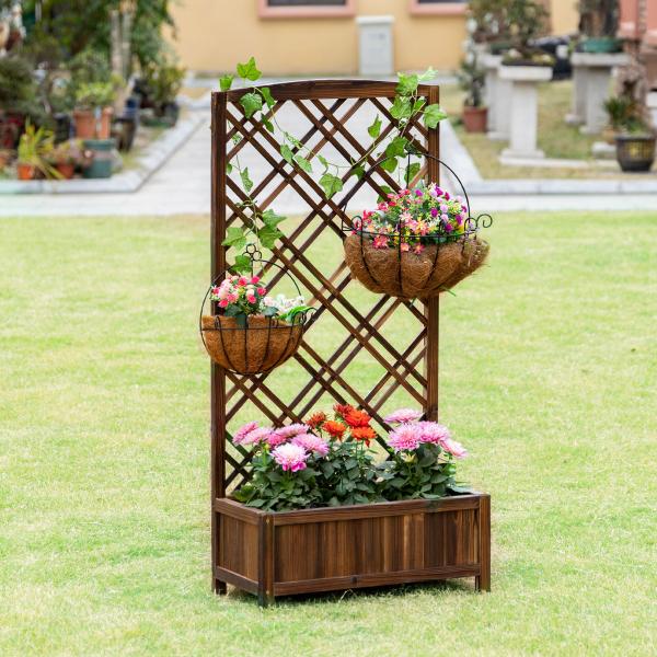 Floreira com Treliça de Madeira Caixa de Plantio com Suporte para Plantas Trepadeiras 60x30x122,5cm Marrom
