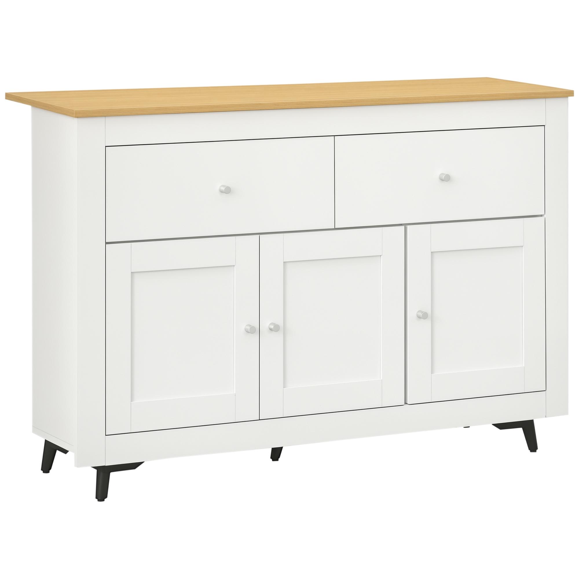 Aparador Móvel Auxiliar de Cozinha com 2 Gavetas 3 Portas e Prateleira Ajustável Móvel de TV de até 50 Polegadas 117x35x80 cm Branco e Madeira