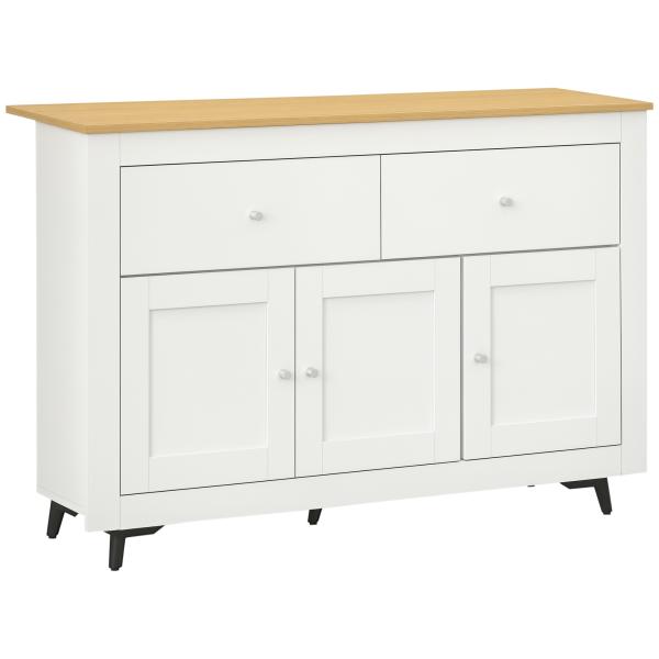 Aparador Móvel Auxiliar de Cozinha com 2 Gavetas 3 Portas e Prateleira Ajustável Móvel de TV de até 50 Polegadas 117x35x80 cm Branco e Madeira