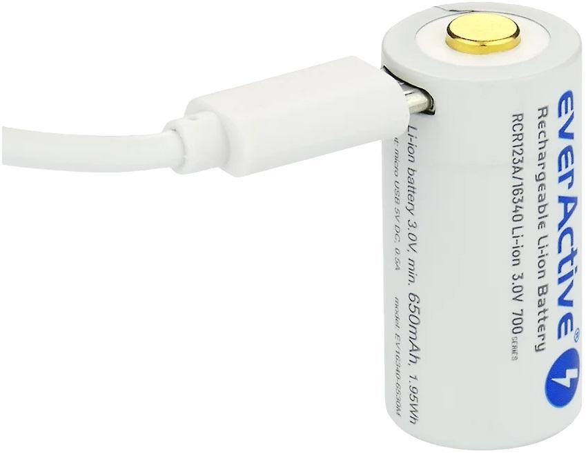 Pilha Lithium 16340 (CR123) 3V 700mAh Recarregável p/ microUSB c/ LED de Estado - everActive