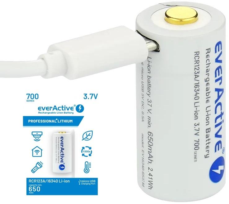 Pilha Lithium 16340 (CR123) 3,7V 650mAh Recarregável p/ microUSB c/ LED de Estado - everActive
