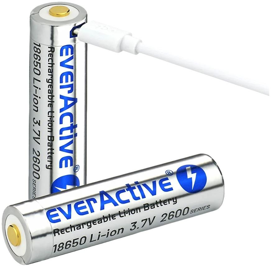 Pilha Lithium 18650 3.7V 2600mAh Recarregável p/ microUSB c/ LED de Estado - everActive