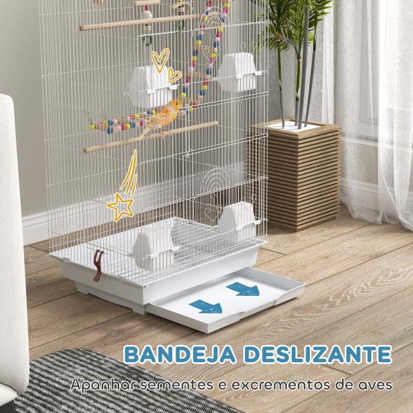 Gaiola para Passáros de Metal com Portas 4 Comedouros 3 Poleiros Baloiço Escadas e Bandeja Removível 46x36x100 cm Branco