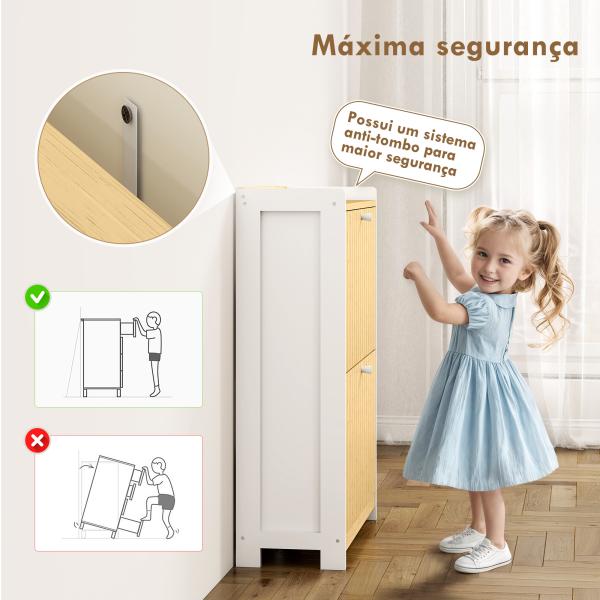Sapateira Estreita com 2 Portas de Bambu Prateleiras Ajustáveis para 12 Pares de Sapatos 60x24x82,5 cm Branco e Madeira