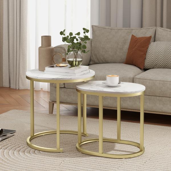 Conjunto de 2 Mesas de Centro Mesas Auxiliares Modernas com Bancada de Efeito Mármore e Estrutura de Aço para Sala Quarto Dourado