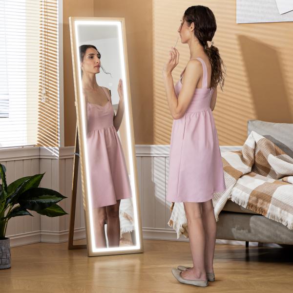 Espelho de Pé com Luz LED 40x160 cm Espelho de Corpo Inteiro com Iluminação de 3 Cores Tátil Função de Memória Madeira