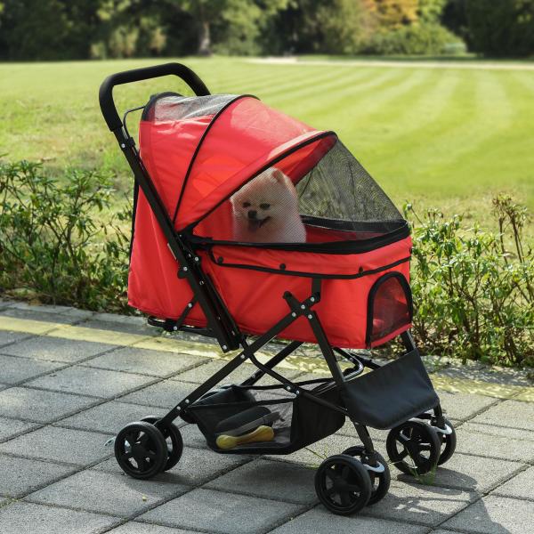 Carrinho para Animais de Estimação Dobrável Carro para Cães e Gatos com Capô Ajustável Cesta de Armazenamento Cinto de Segurança Tecido Oxford 600D Aço 76,5x52x95cm Vermelho