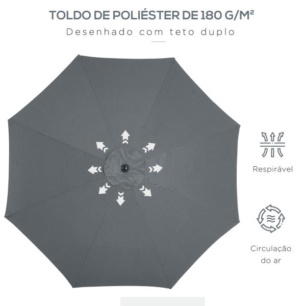 Chapéu de Sol a Manivela com Teto Inclinável e 8 Hastes de Metal para Pátio Varanda Exterior Ø300x240 cm Cinza
