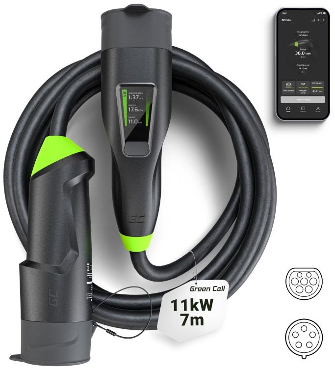 Cabo de Carregamento p/ Veículos Elétricos 2 em 1 Tipo 2 / 11kW / 16A / 7m (Preto) - GREEN CELL