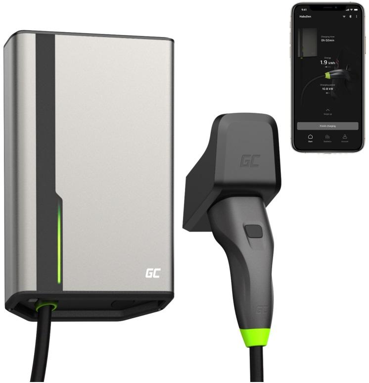 Estação de Carregamento p/ Carro Elétrico HabuDen Wallbox 22kW / 32A Cabo Tipo 2 (7,5m) - GREEN CELL