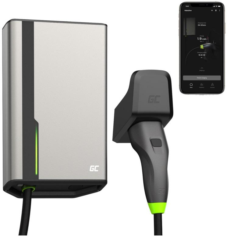 Estação de Carregamento p/ Carro Elétrico HabuDen Wallbox 22kW/32A Cabo Tipo 2+NFC (5m) - GREEN CELL