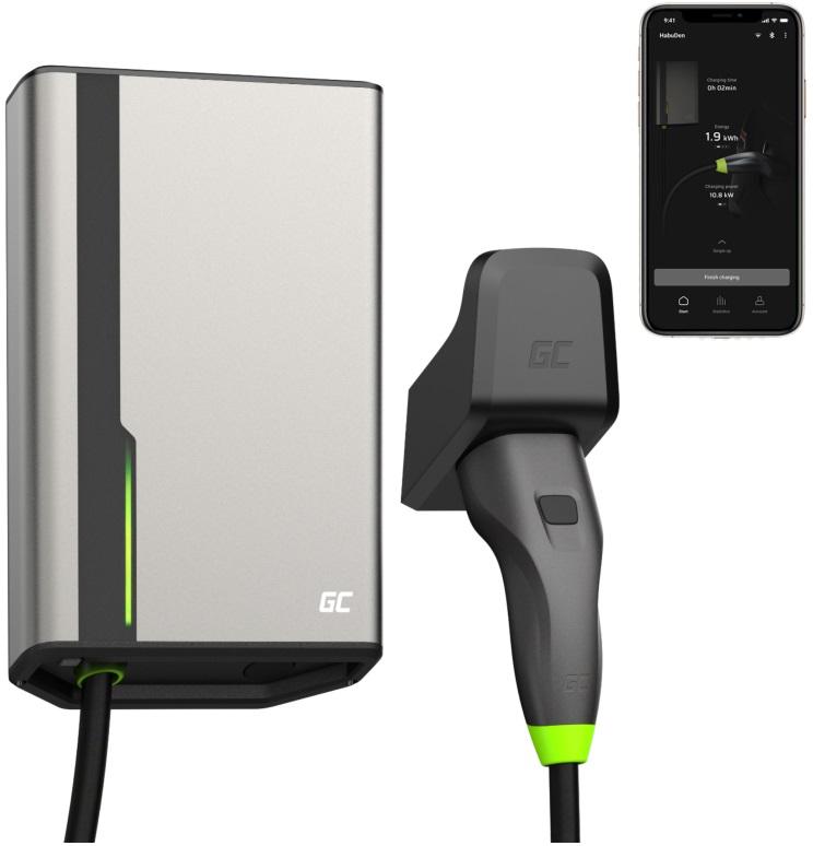 Estação de Carregamento p/ Carro Elétrico HabuDen Wallbox 22kW/32A Tipo 2+NFC (7.5m) - GREEN CELL