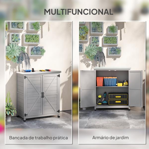 Armário de Exterior em Madeira com Tampo de Aço Galvanizado Prateleira 2 Portas para Armazenamento de Ferramentas 79x43x92 cm Cinza