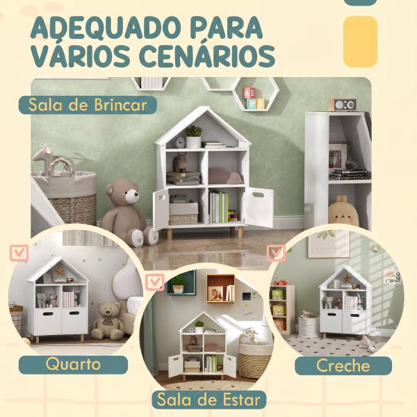 Estante para Livros Infantil de 3 Níveis em Forma de Casa com 3 Prateleiras e 2 Armários, para Crianças dos 3 aos 8 Anos, Branco