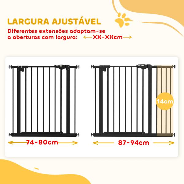 Barreira de Segurança de Cães para Escadas e Portas 74 - 94 cm com 1 Extensão Fechamento Automático e Sistema de Duplo Bloqueio Aço Preto