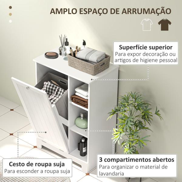 Móvel Casa de Banho com Cesto para Roupa Móvel Auxiliar Casa de Banho com Prateleiras Abertas e Cesta Amovível 60x38x86 cm Branco