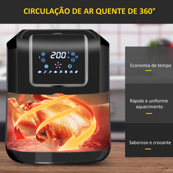 Fritadeira sem Óleo 6,5L 1700W Fritadeira de Ar Quente com 8 Programas Tela LED Tátil Temperatura Ajustável Temporizador e Cesta Antiaderente 36,5x29x33,8cm Preto