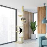 Arranhador para Gatos do Solo ao Teto de 230 - 250 cm com Altura Ajustável Múltiplas Plataformas Rede Bolas Suspensas Bege