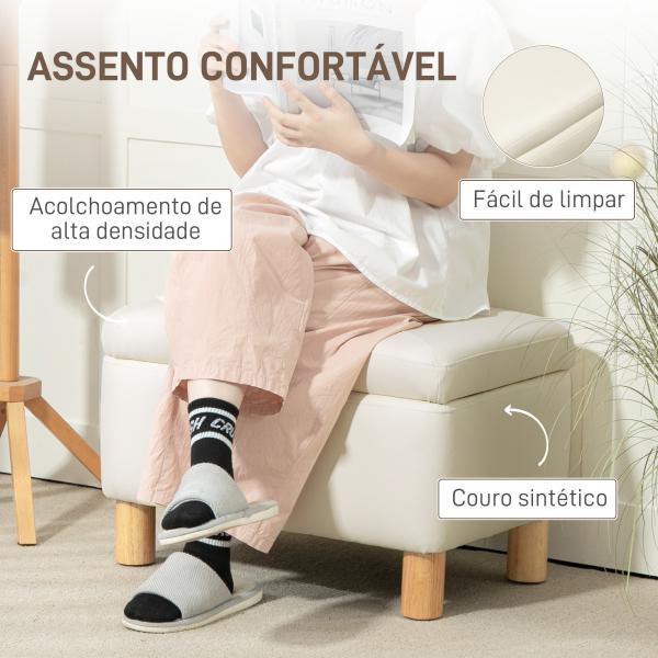 Baú de Armazenamento para Dormitório 33L Puff de Armazenamento Estofado em PU Banco de Arrumação 60x38x40 cm Creme