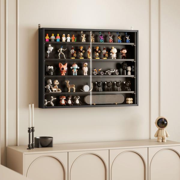 Vitrine de Parede de Madeira com Prateleiras Ajustáveis e 2 Portas Corredeiras de Vidro para Coleções Perfumes 80x9,5x60cm Preto