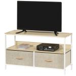 Móvel de TV com Prateleira e 2 Gavetas Dobráveis em Tecido para TV até 47", 98 cm, Natural e Cinzento