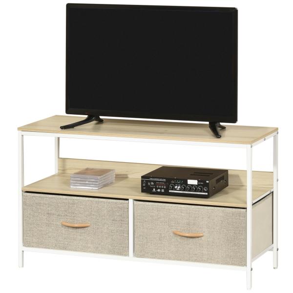 Móvel de TV com Prateleira e 2 Gavetas Dobráveis em Tecido para TV até 47", 98 cm, Natural e Cinzento