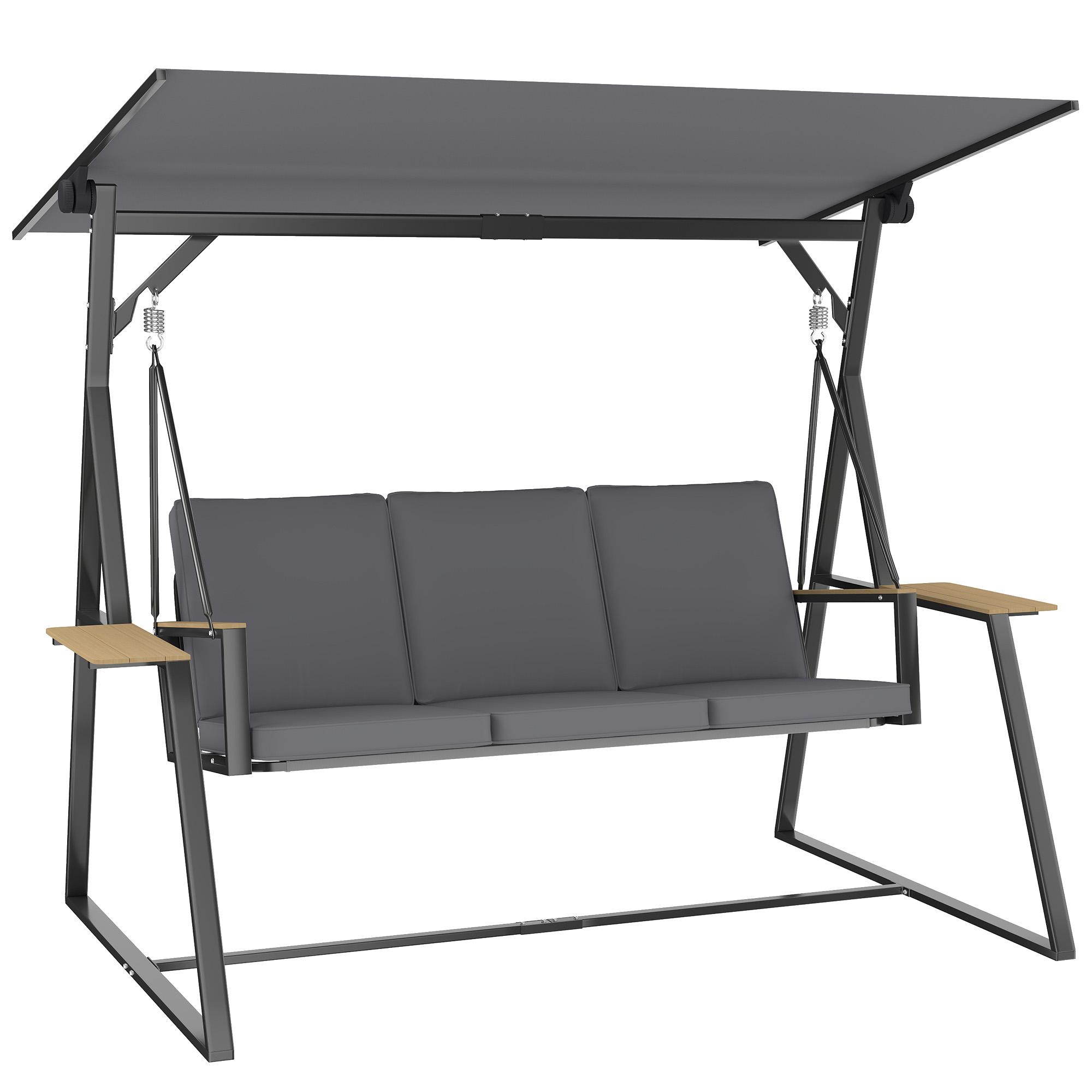 Baloiço de Jardim de 3 Lugares com Teto Ajustável UPF50+ 2 Bandejas Almofadas e Estrutura em Metal 222x131x175 cm Cinza