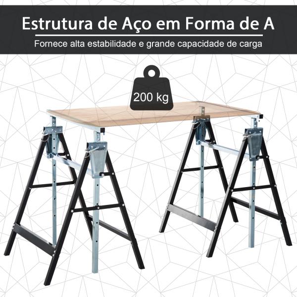 Conjunto de 2 Cavaletes Telescópicos Dobráveis com Altura Ajustável Cavaletes de Serra de Aço para Mesa de Trabalho Carga 200kg 68x58x80 - 130cm Preto