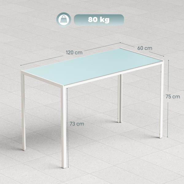 Mesa Sala de Jantar de Cristal Mesa Retangular para 4 - 6 pessoas com Pés de Metal Multifuncional para Cozinha 120x60x75cm Branco