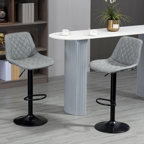 Conjunto de Bancos de Bar Estofados em PU Bancos Altos de Sala de Jantar com Altura Ajustável 46,5x51x86 - 106 cm Cinzento
