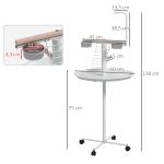 Comedouro para Pássaros em Pé Ø60x138 cm com 4 Rodas 2 Recipientes de Aço Inoxidável e 2 Poleiros Branco