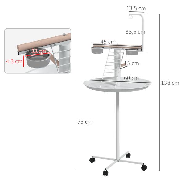 Comedouro para Pássaros em Pé Ø60x138 cm com 4 Rodas 2 Recipientes de Aço Inoxidável e 2 Poleiros Branco