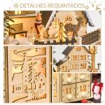 Calendário do Advento de Natal em Madeira Reutilizável com Luzes LED 24 Gavetas Cena de Aldeia 25x20x29 cm Natural